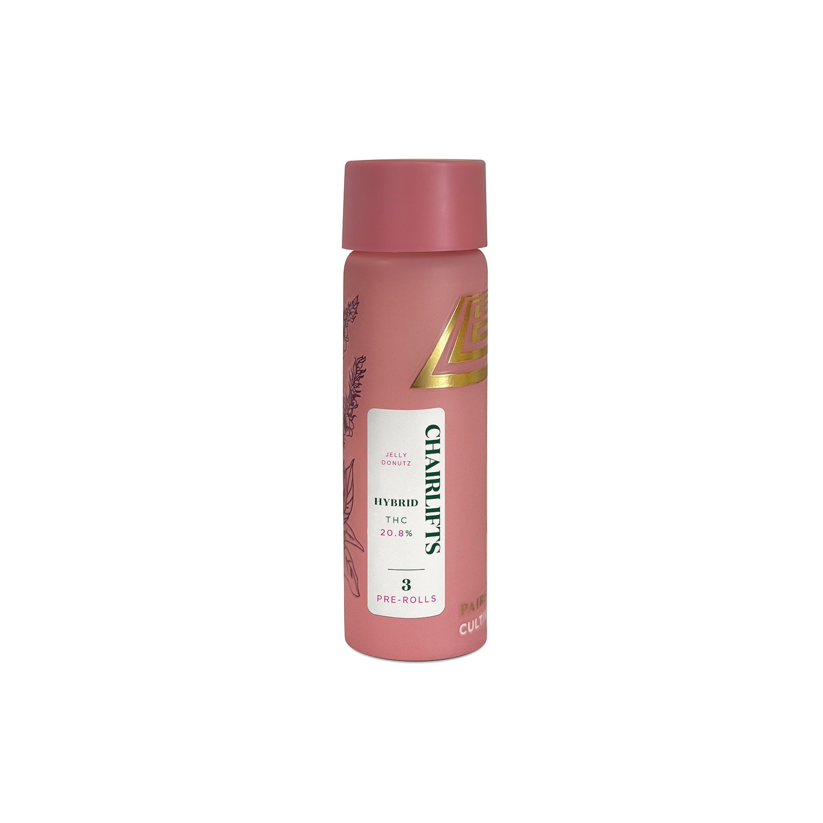 Front of Chairlifts THC preroll glass container by Eaton Botanicals