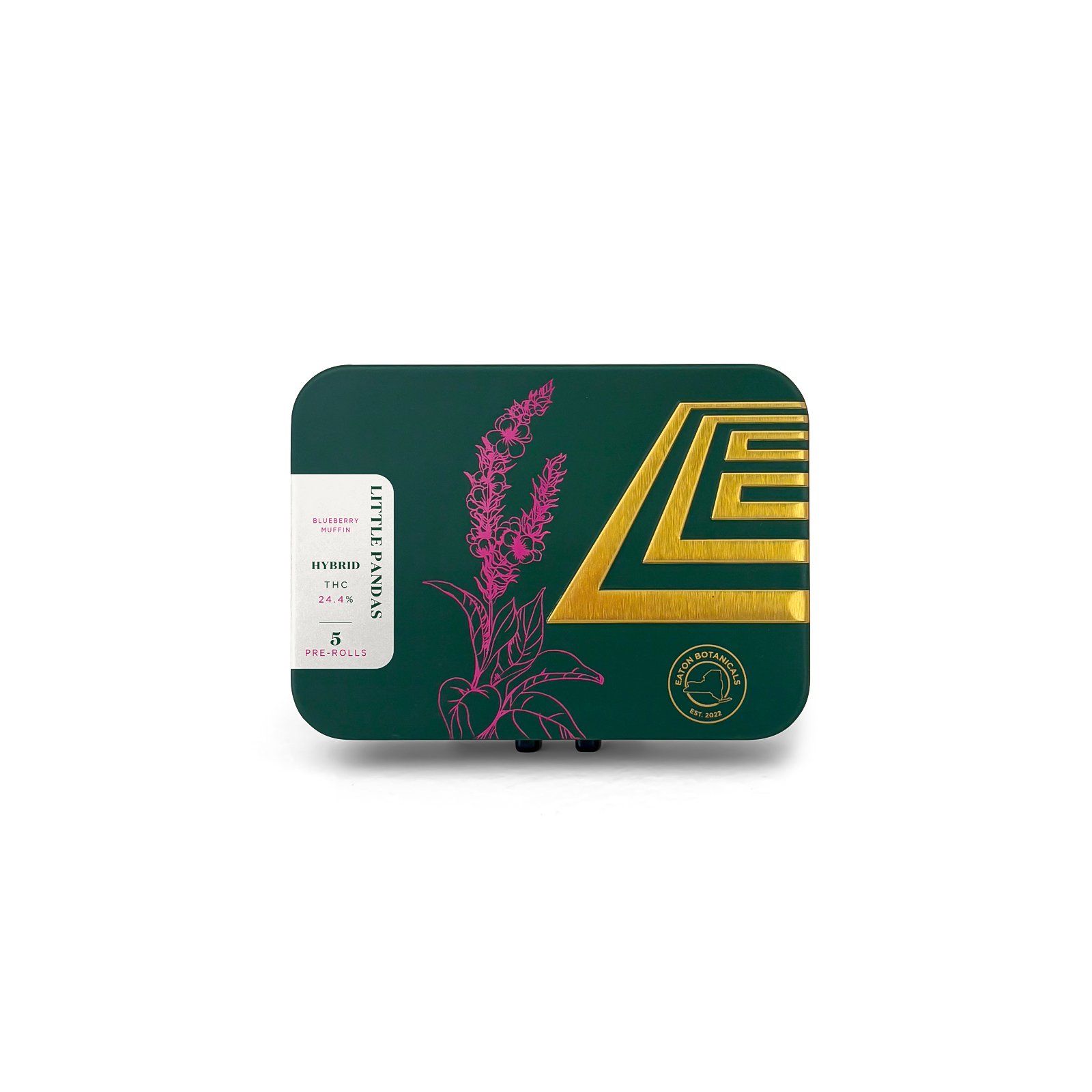 Front of Little Pandas THC preroll tin with label by Eaton Botanicals