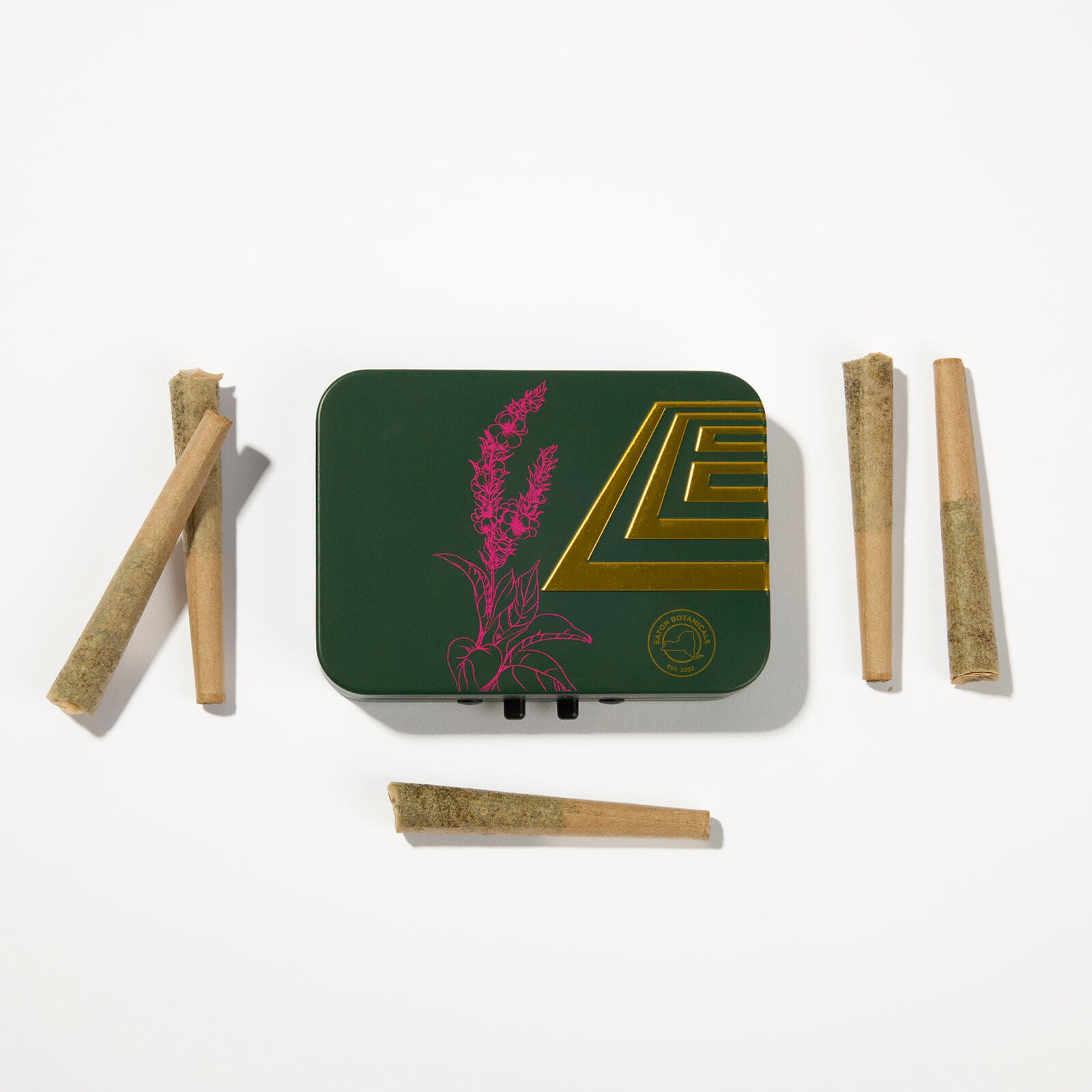 Little Pandas THC prerolls displayed in front of tin