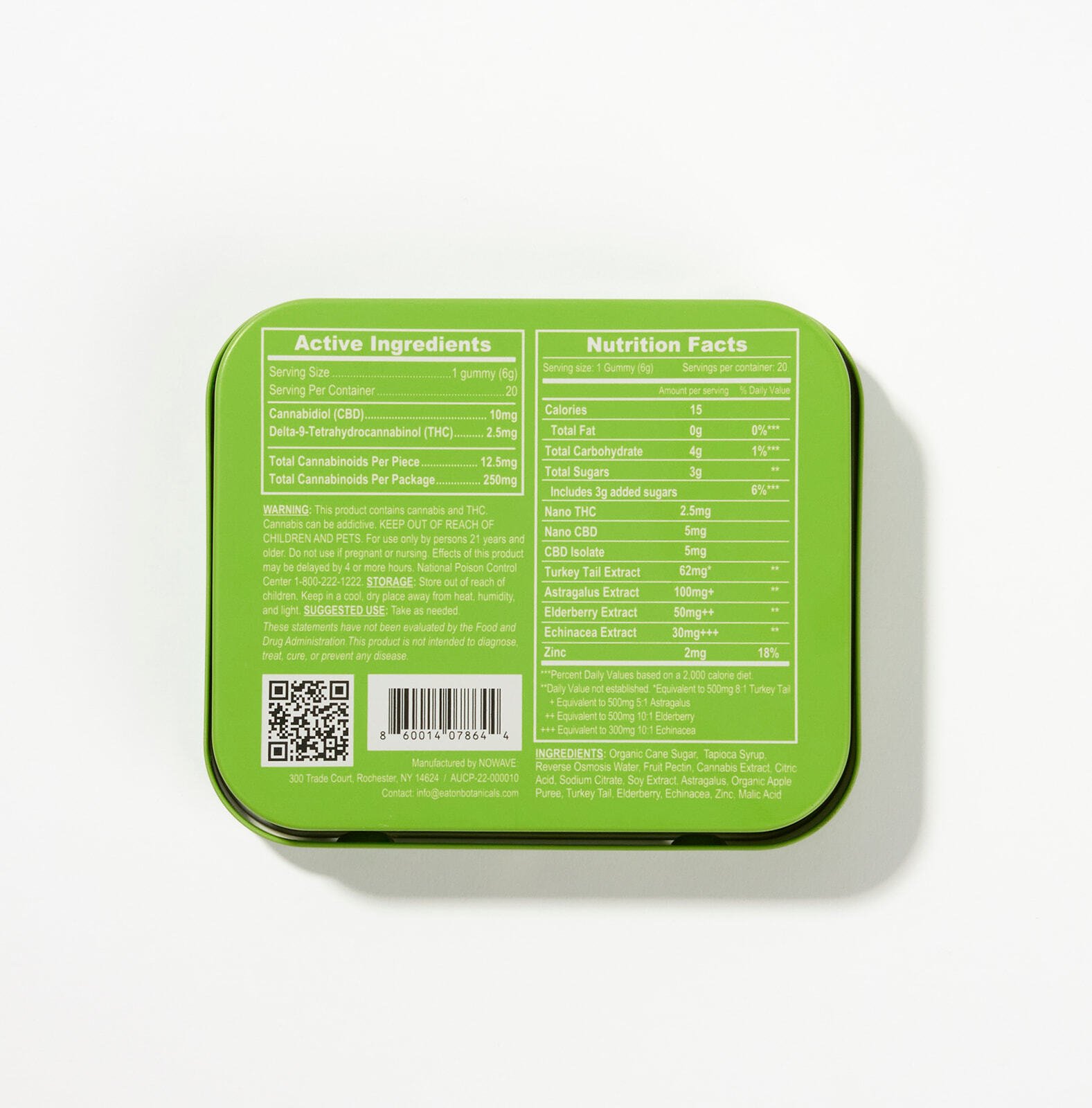 Back of Apple A Day microdose THC gummy tin with supplement facts and ingredients