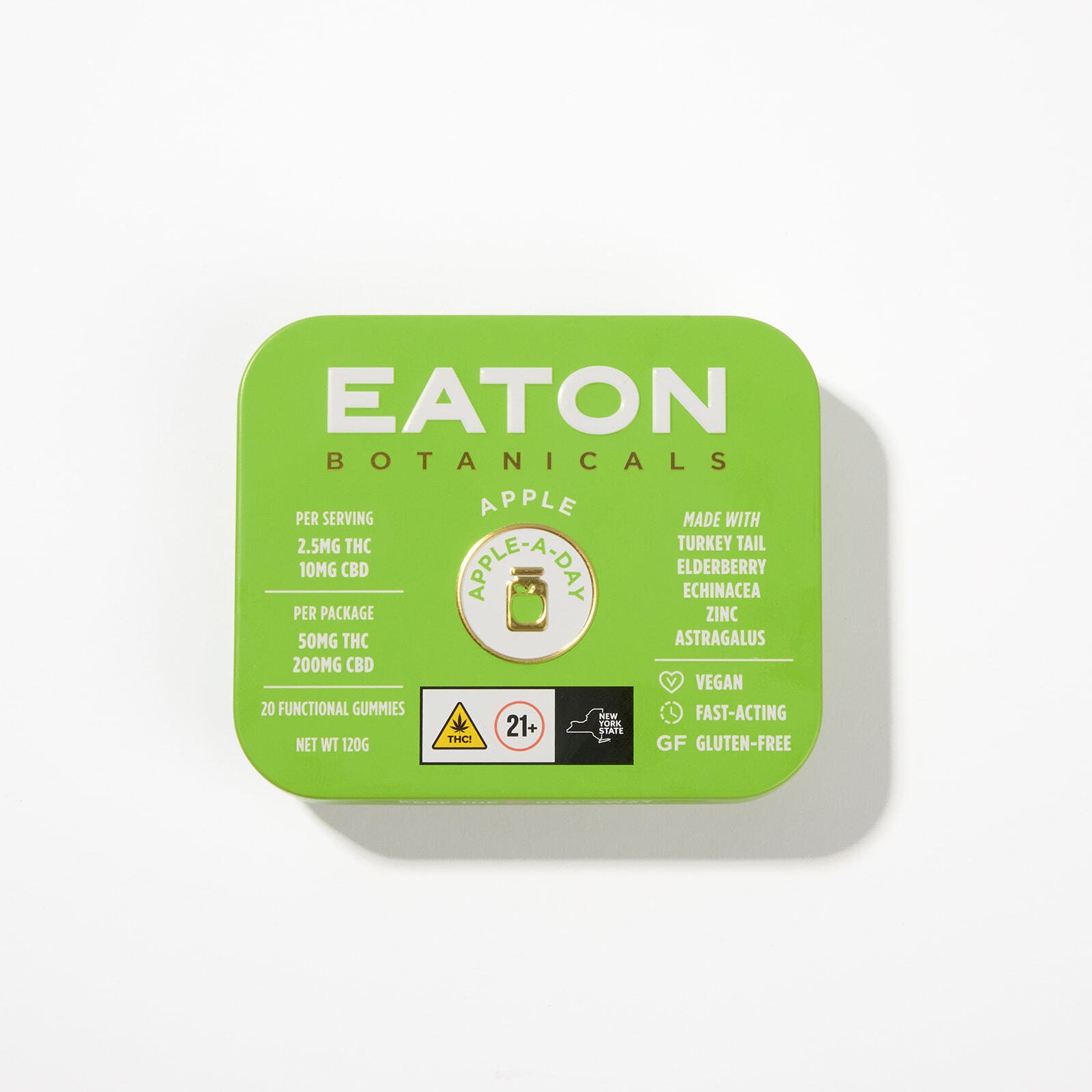 Front of Apple A Day microdose THC gummy tin by Eaton Botanicals
