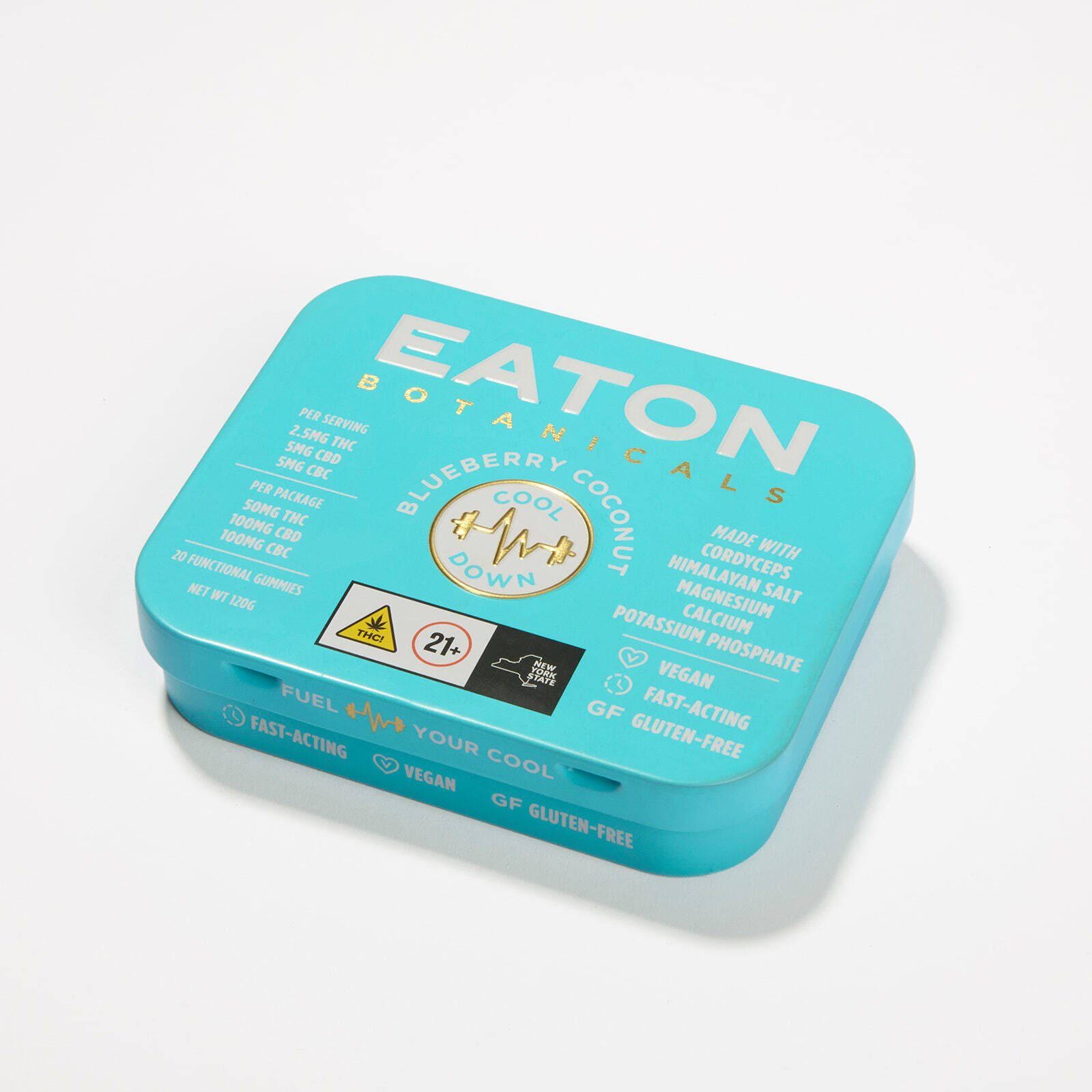 Side view of Cool Down microdose THC gummy tin showing electrolyte blend