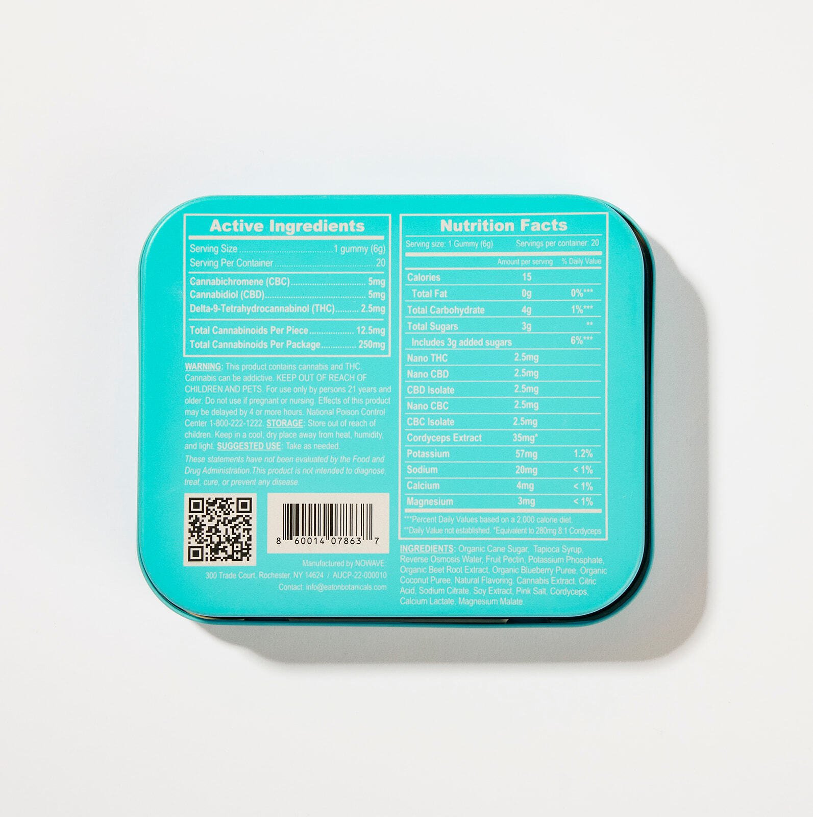 Back of Cool Down microdose THC gummy tin with supplement facts