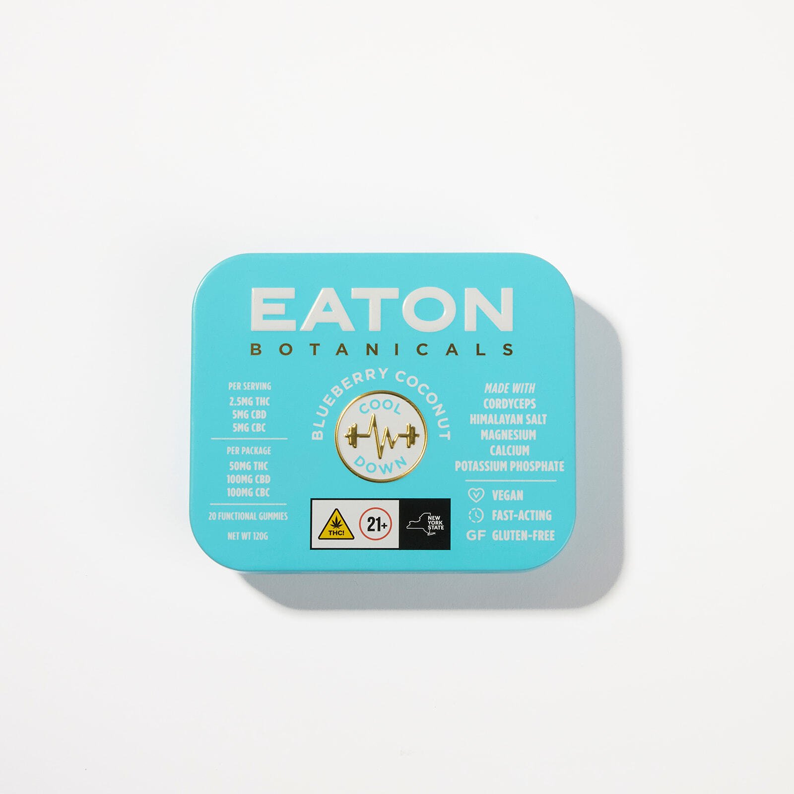 Front of Cool Down microdose THC gummy tin by Eaton Botanicals