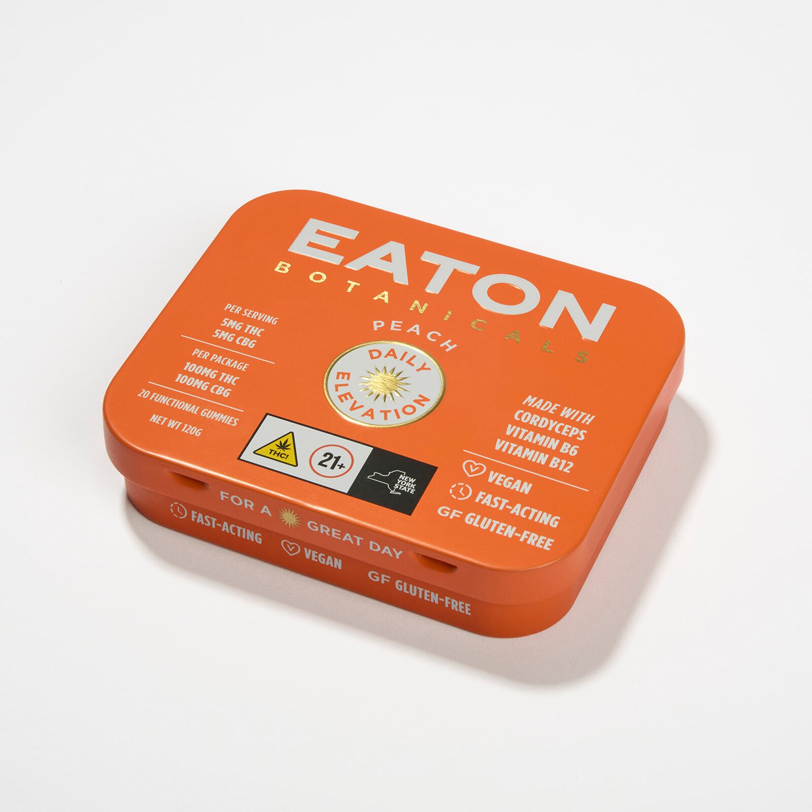 Side view of Daily Elevation THC gummy tin showing cordyceps and vitamin blend