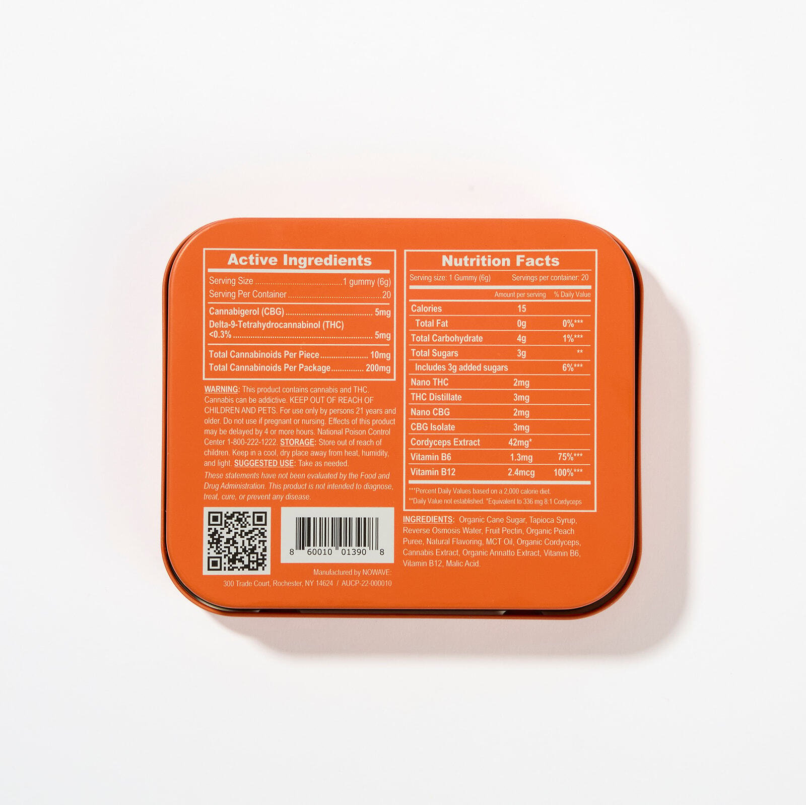Back of Daily Elevation THC gummy tin with supplement facts panel