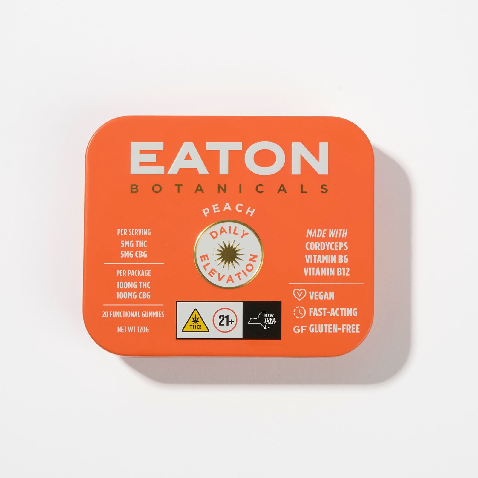  Front of Daily Elevation THC gummy tin by Eaton Botanicals