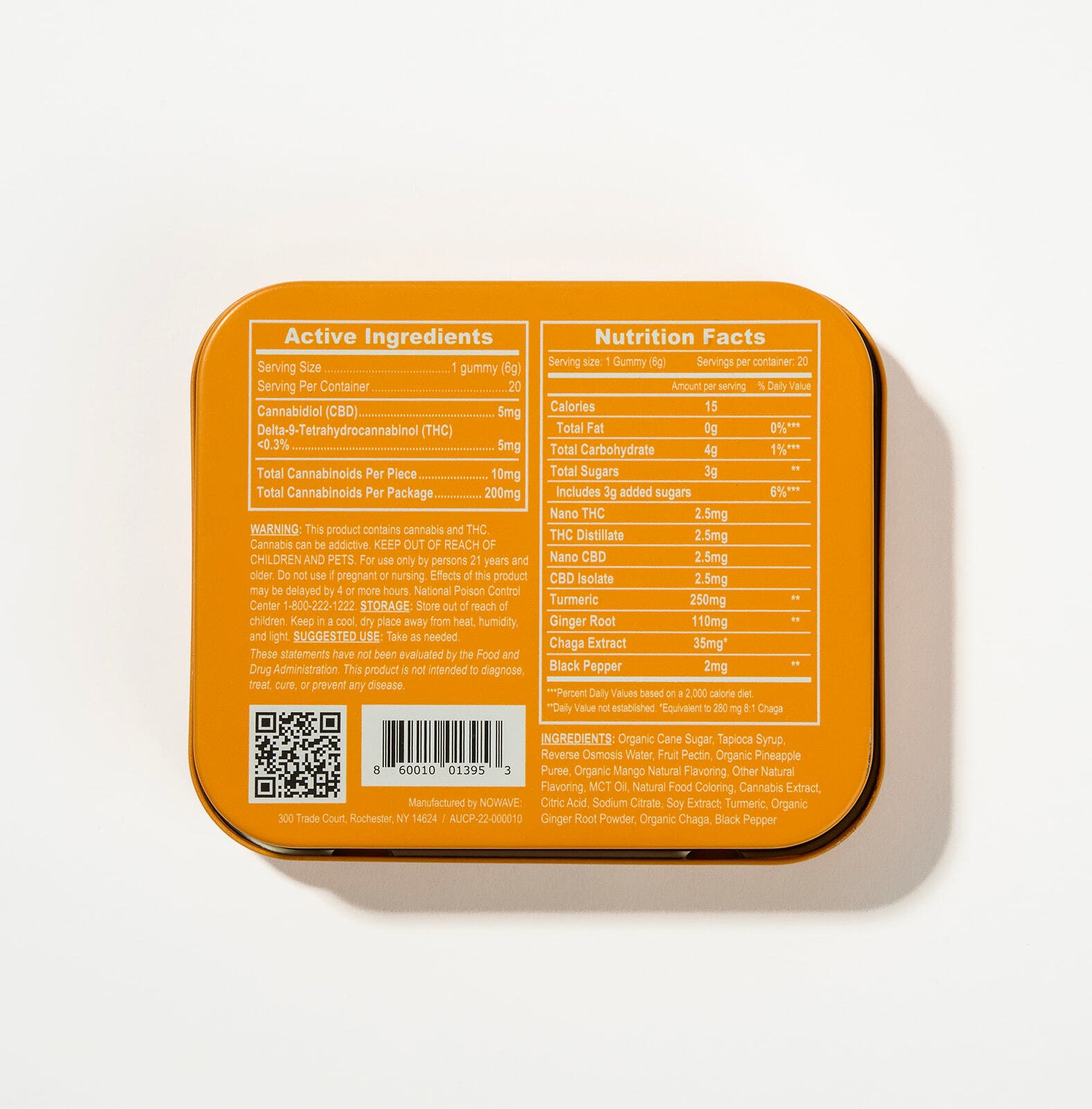Back of Fixer Upper THC gummy tin with supplement facts panel