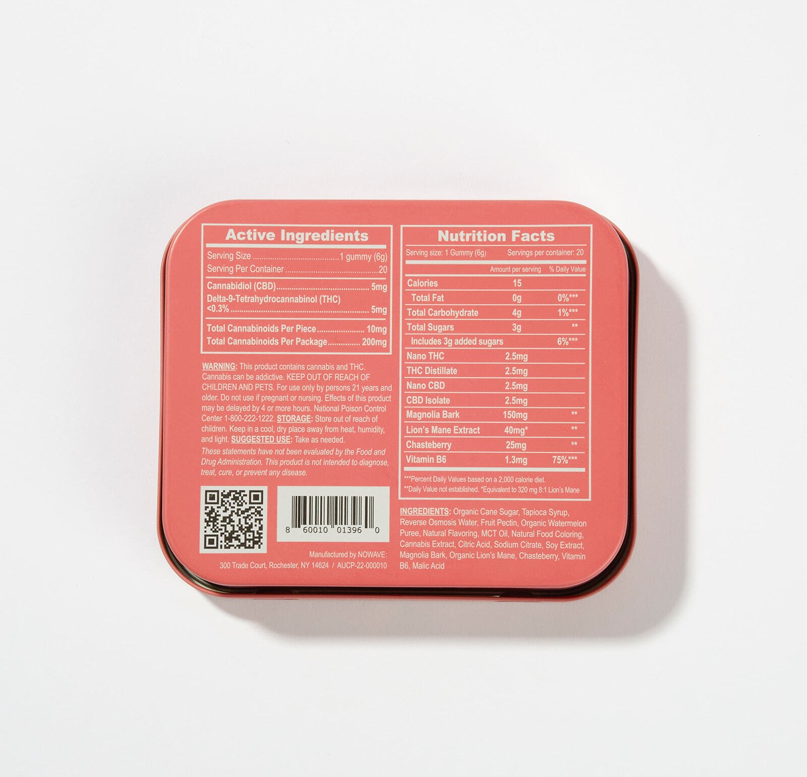 Back of Gal Pal THC gummy tin with supplement facts and ingredients