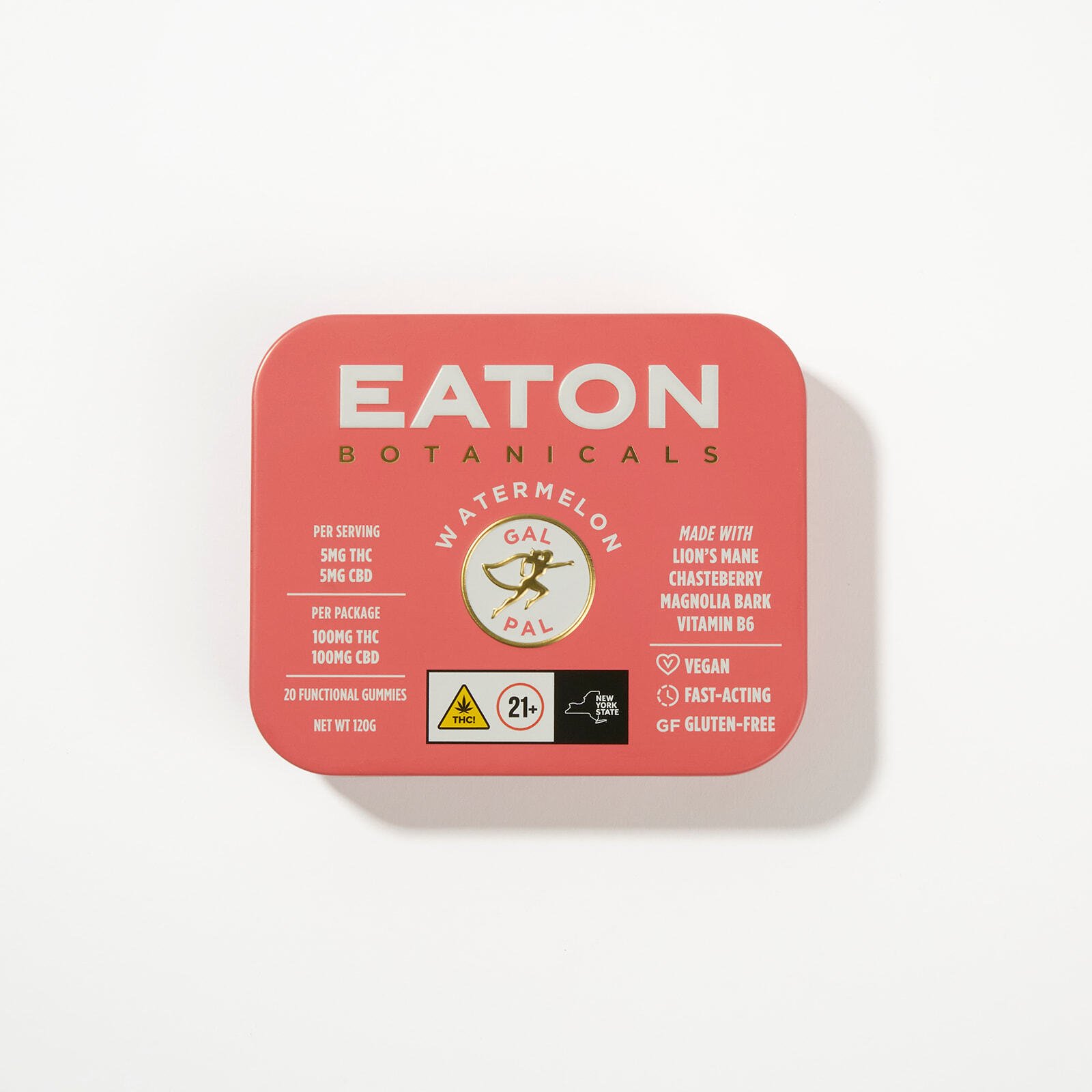 Front of Gal Pal THC gummy tin by Eaton Botanicals