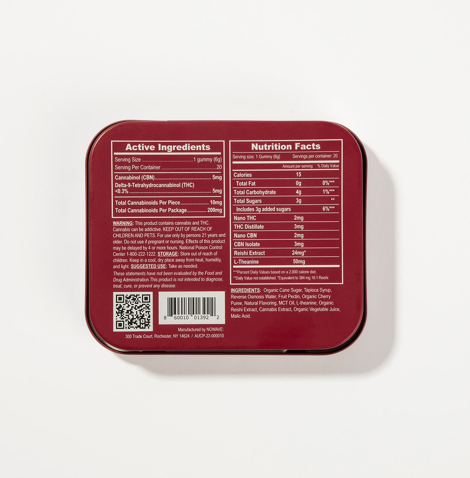 Back of Nightly Nightcap THC sleep gummy tin with supplement facts panel