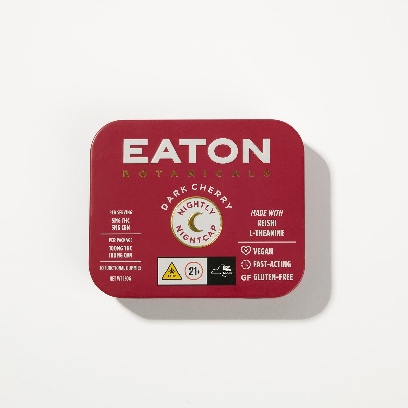 Front of Nightly Nightcap THC sleep gummy tin by Eaton Botanicals