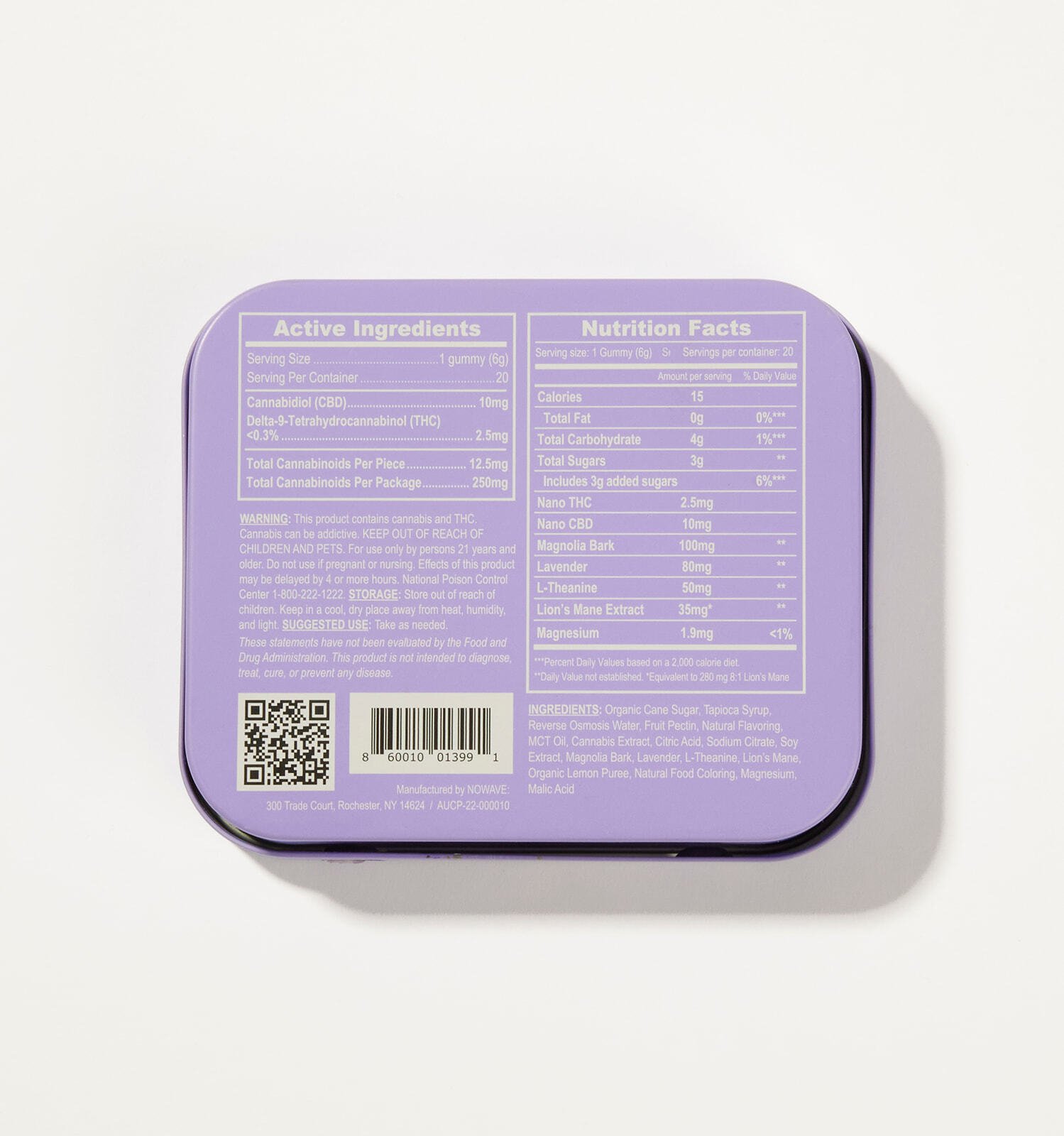 Back of Serenity Now microdose THC gummy tin with supplement facts