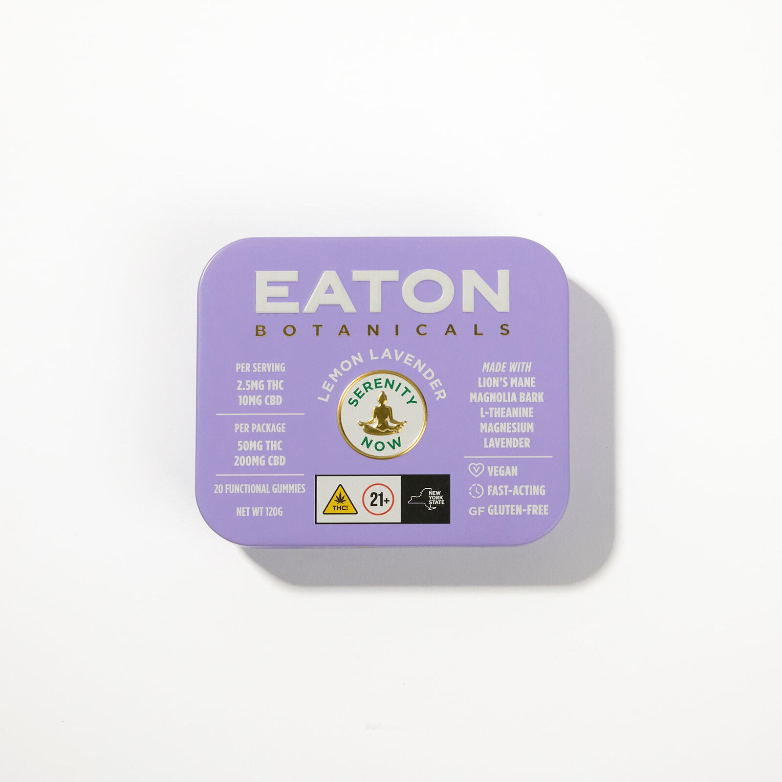 Front of Serenity Now microdose THC gummy tin by Eaton Botanicals